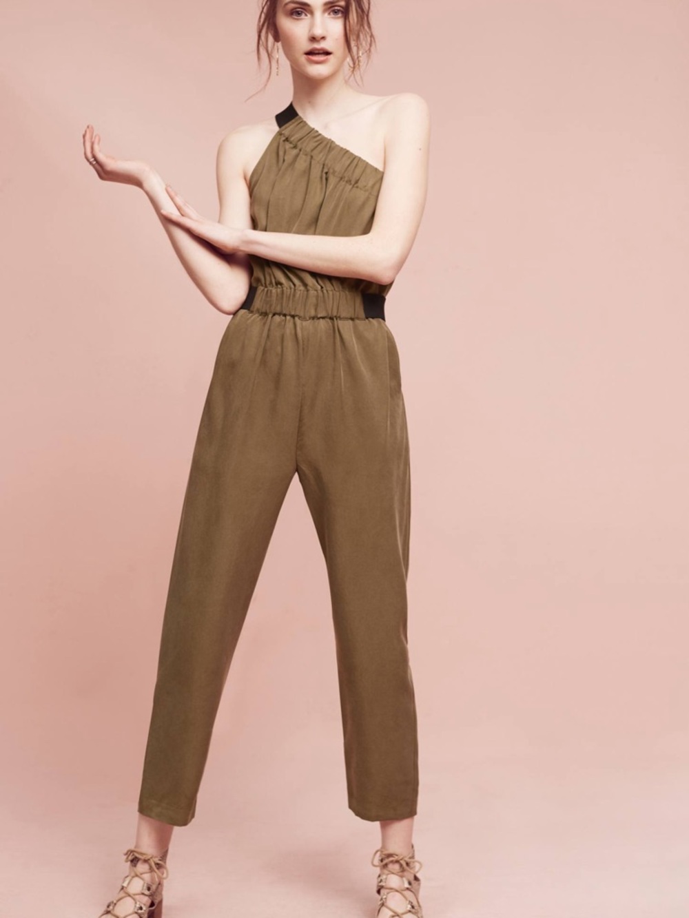 Maeve| Anthropologie| ‘Verano’ Olive One-Shoulder Cropped Pants Jumpsuit Sz 6